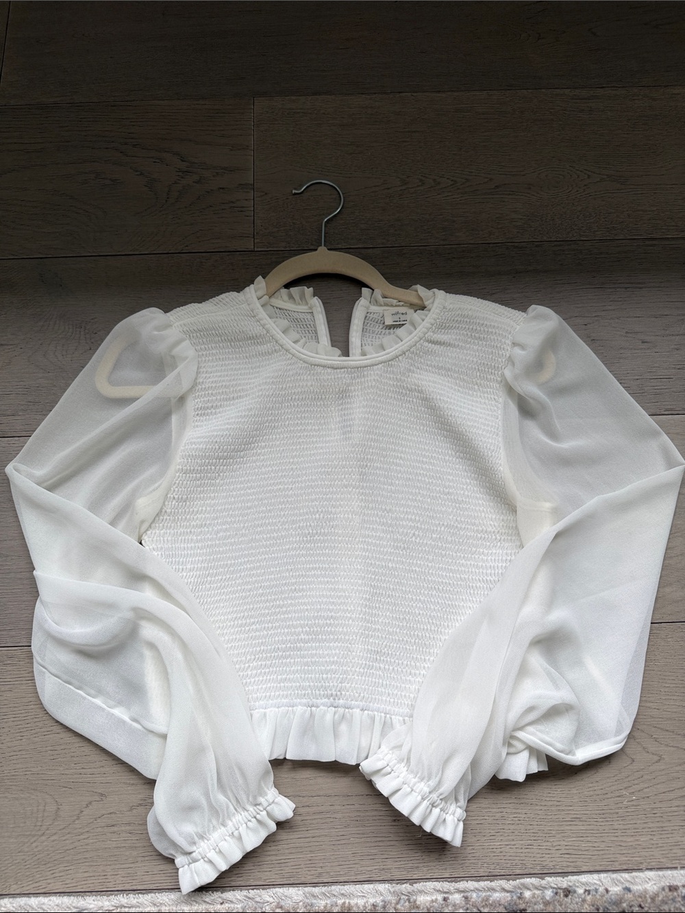 WILFRED Sheer-Sleeve White Textured Blouse with Ruffle Hem - Picture 1 of 6